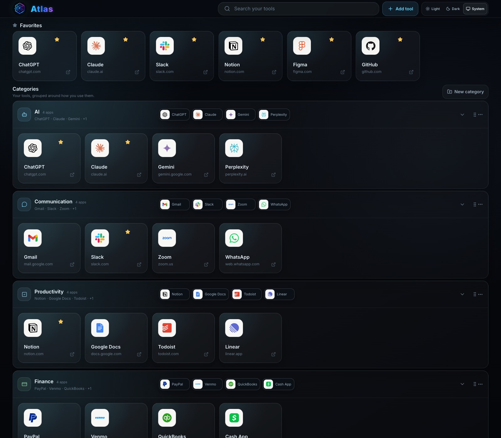 Atlas Home dashboard showing favorite apps and dozens of tools organized into categories like AI, Communication, Productivity, and Finance